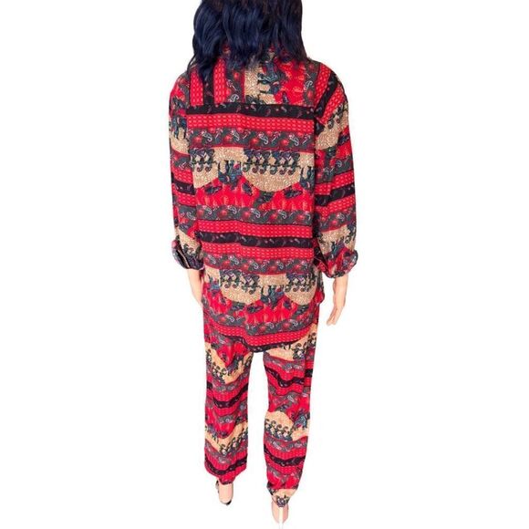 Boho Red Elephant Matching 2 Piece Set Button Front Top Joggers Medium Festival - Picture 5 of 5